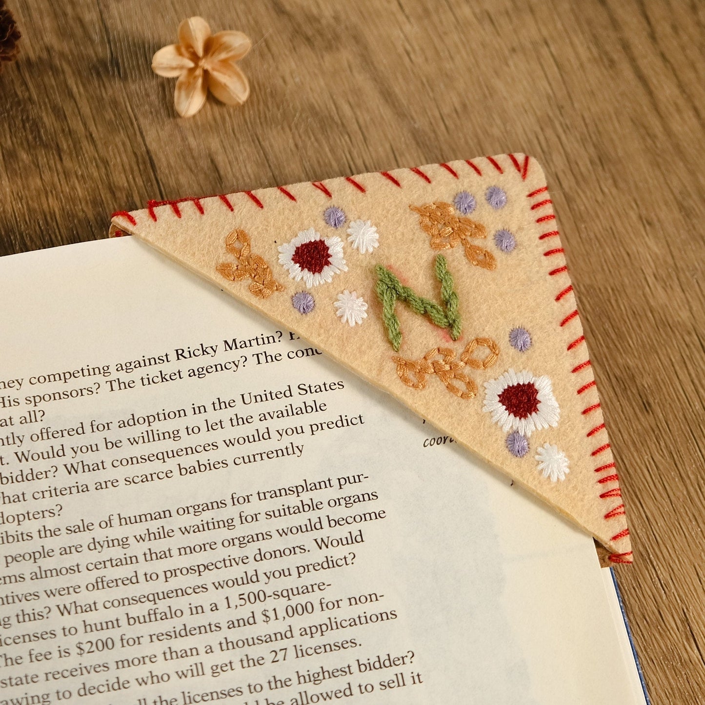 Personalized hand embroidered corner bookmark