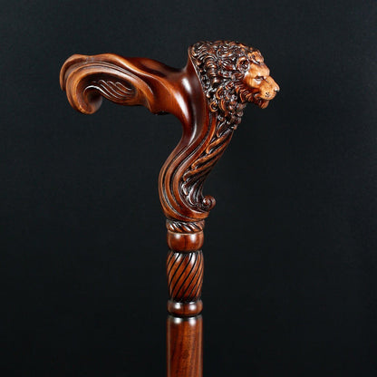 Wooden Walking Stick Cane Lion Head - Palm Grip Ergonomic Handle