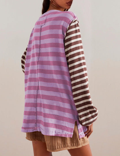 Women Striped Colorblock Oversized T Shirt