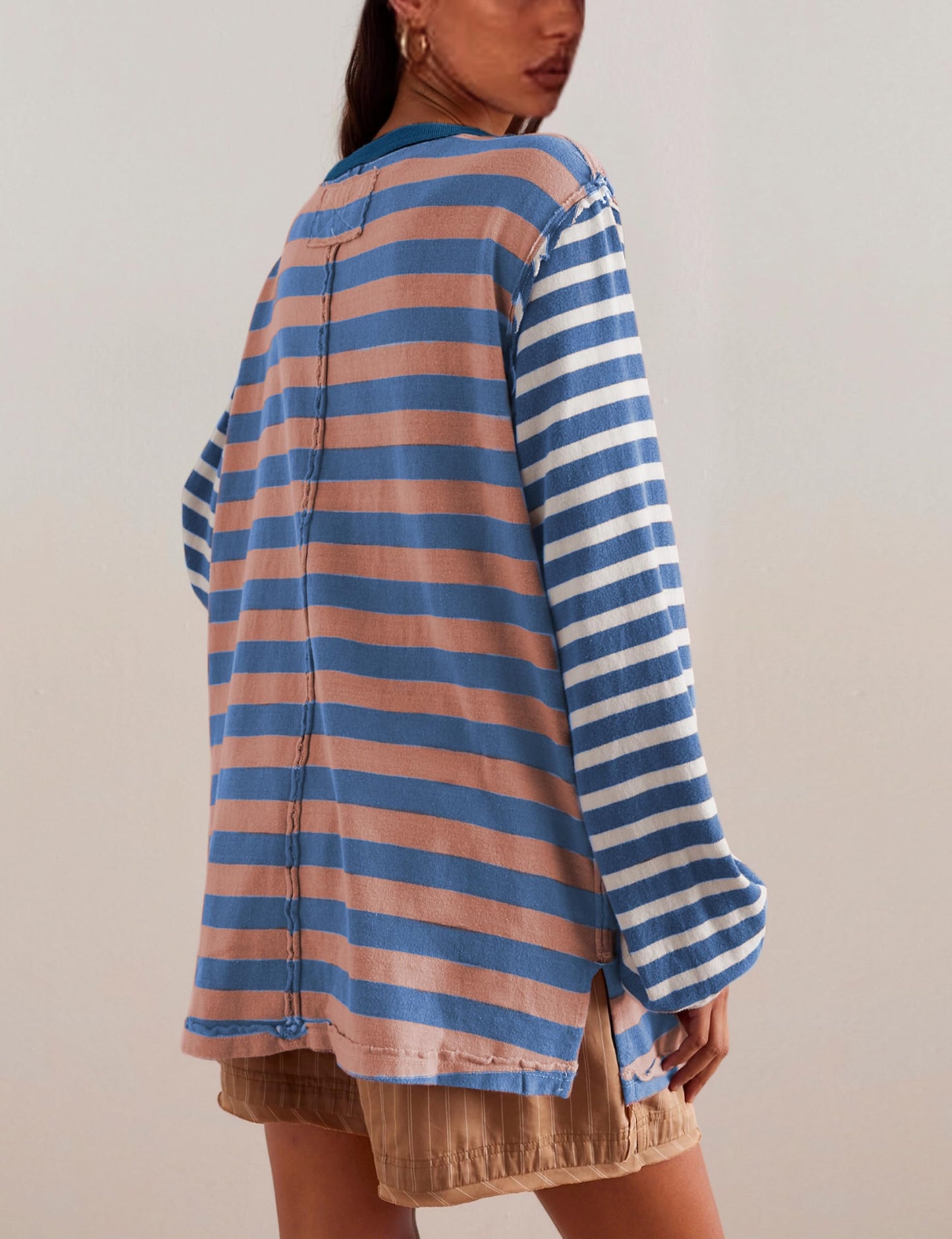 Women Striped Colorblock Oversized T Shirt