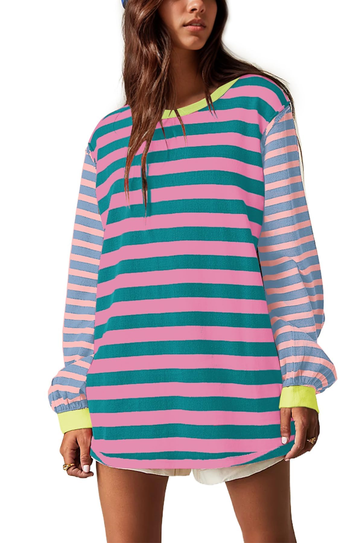 Women Striped Colorblock Oversized T Shirt