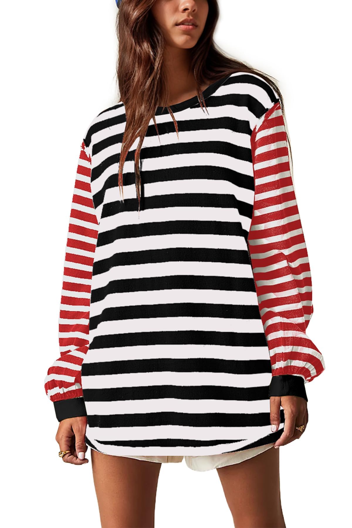 Women Striped Colorblock Oversized T Shirt