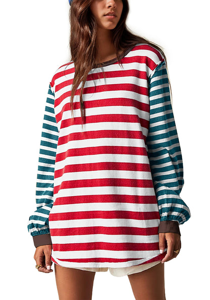 Women Striped Colorblock Oversized T Shirt