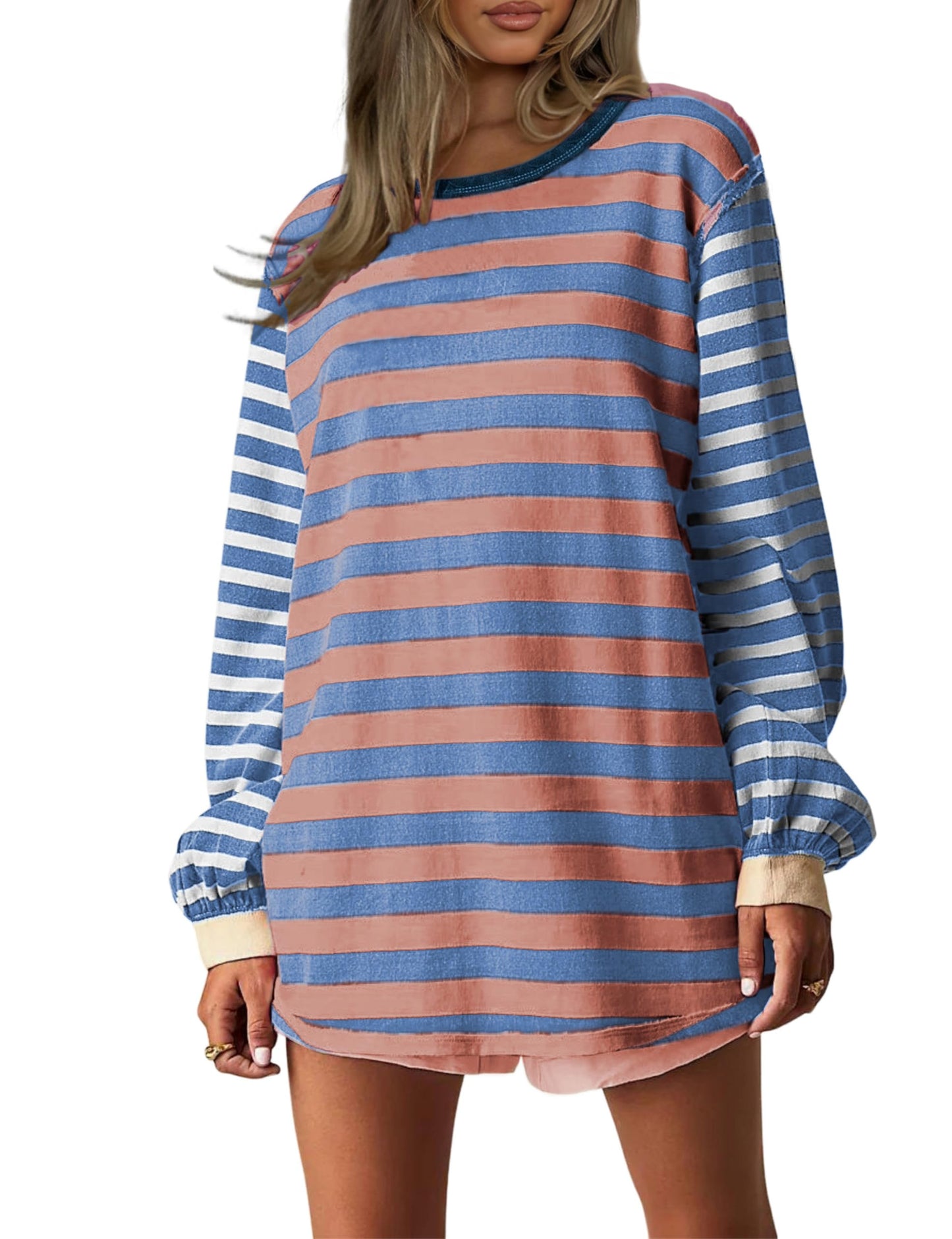 Women Striped Colorblock Oversized T Shirt