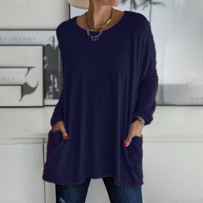 Round Neck Long Sleeve Pocket Solid T-Shirt