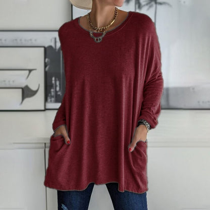 Round Neck Long Sleeve Pocket Solid T-Shirt